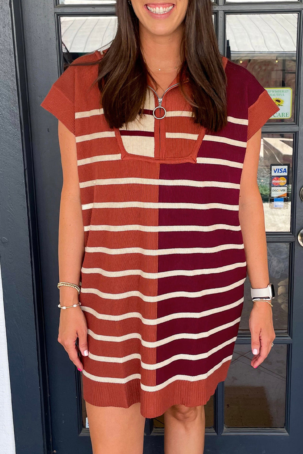 Black Stripe Colour Block Quarter Zip Collar Short Sleeve Sweater Dress