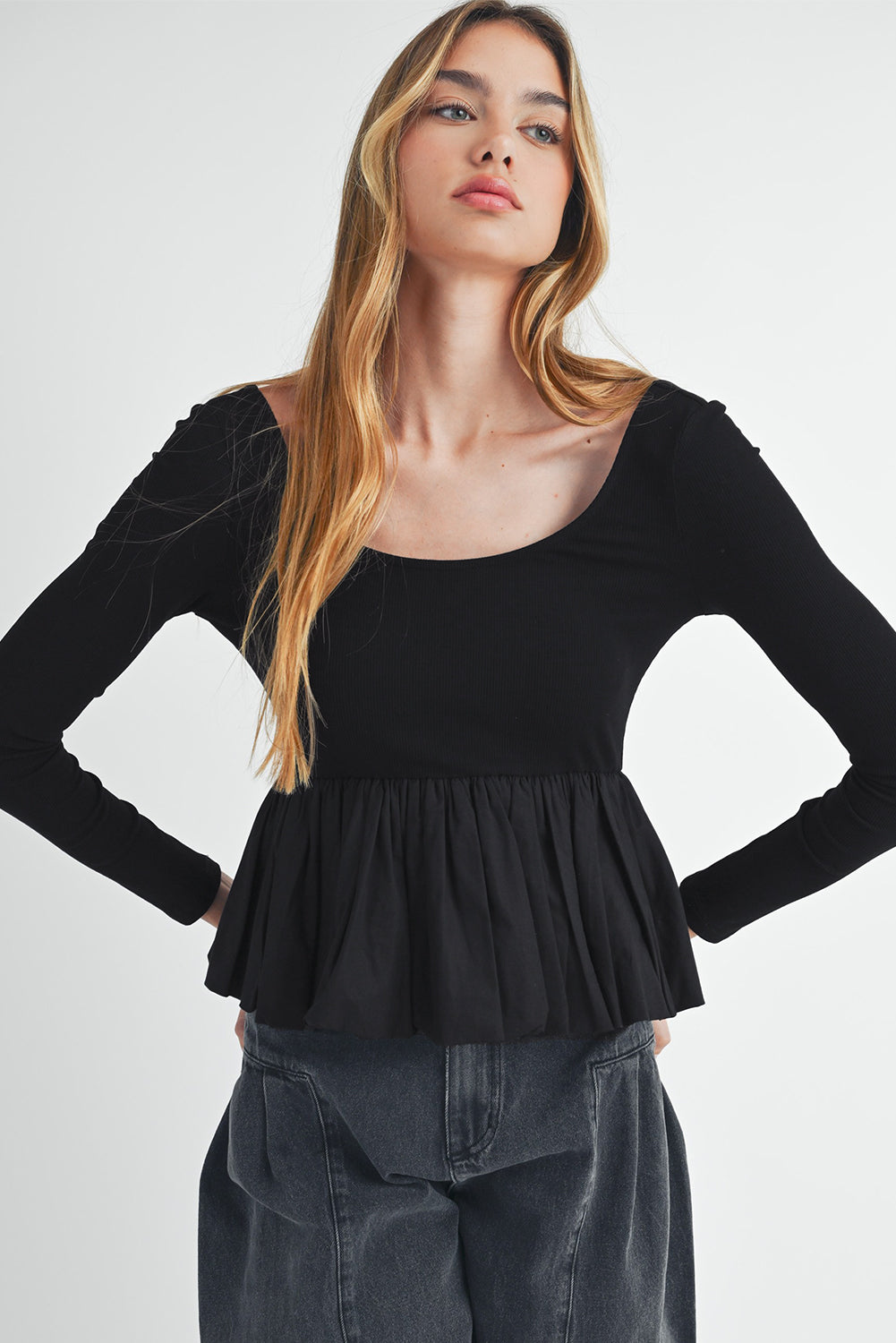 Black Ribbed Knit Peplum Top Long Sleeve Scoop Neck Patchwork Casual Top