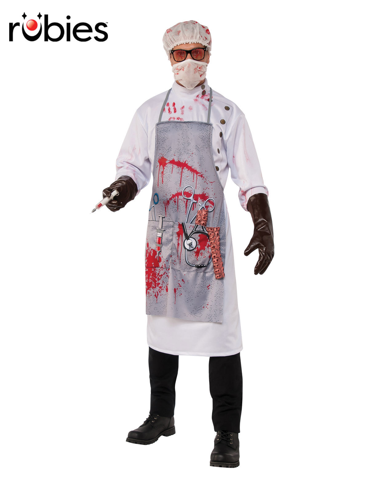 Mad Scientist Costume Adult Bloody Lab Coat with Mask Hat Glasses and Gloves