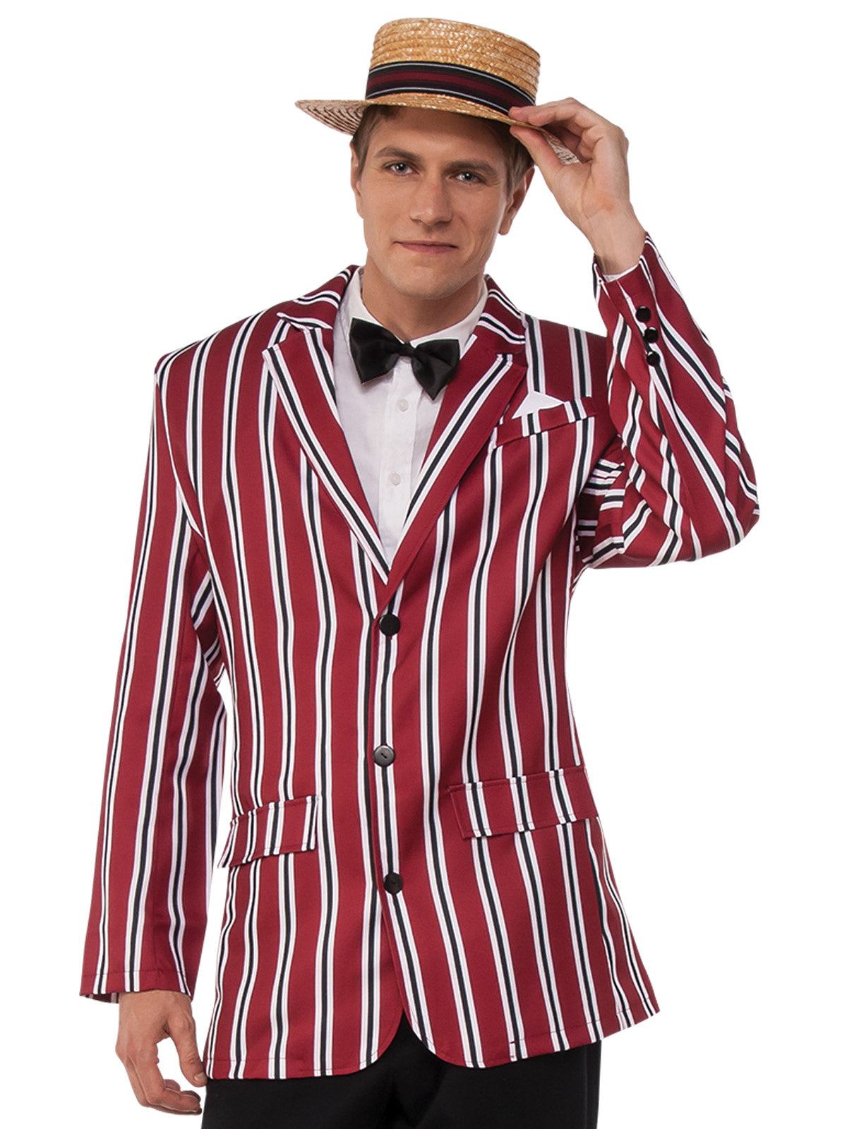 Men's 1920s Good Time Sam Costume – Red White Pinstripe Jacket with Hat and Bow Tie Red Colour