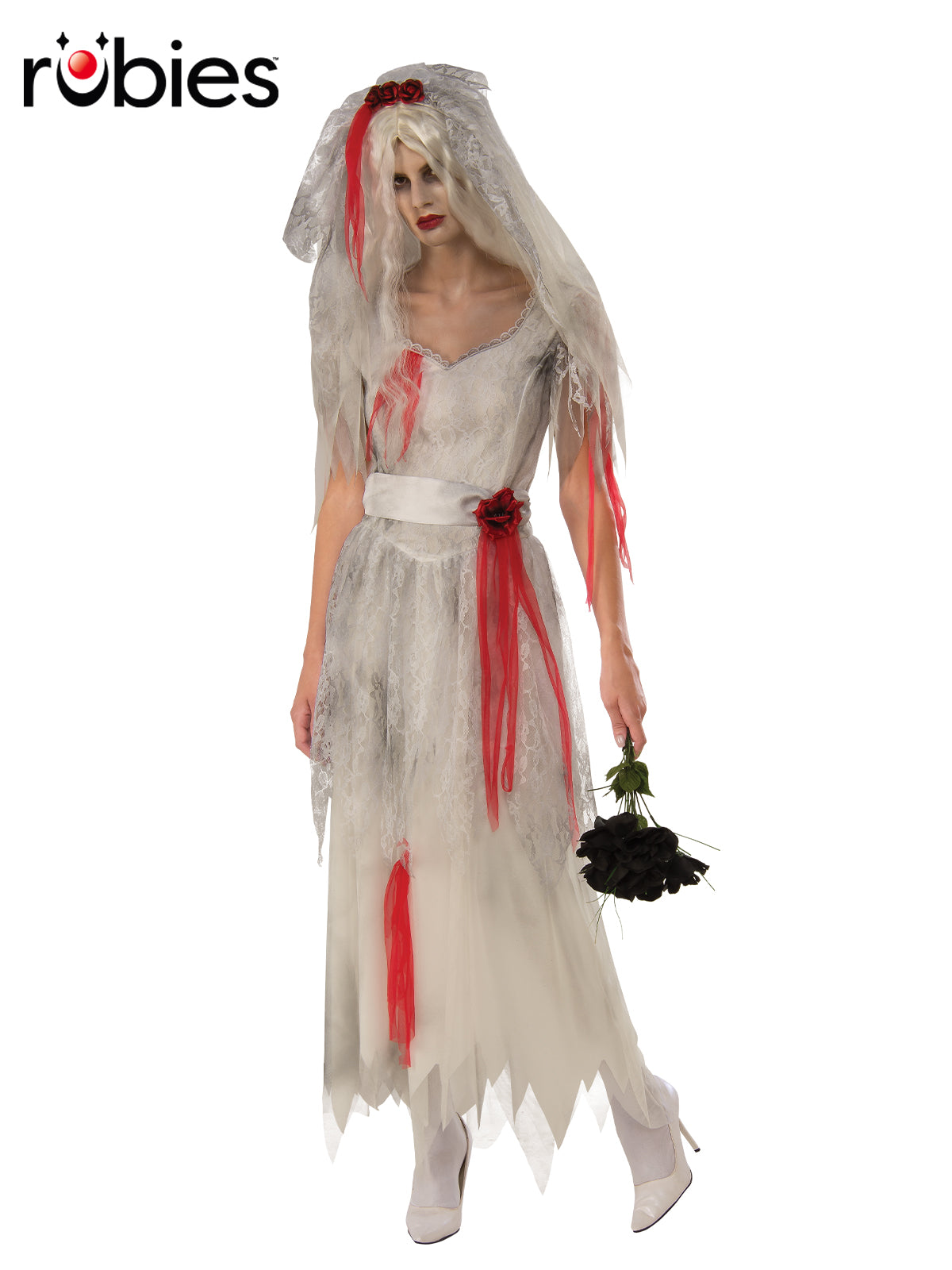Ghost Bride Adult Halloween Costume with Tattered White Dress and Veil