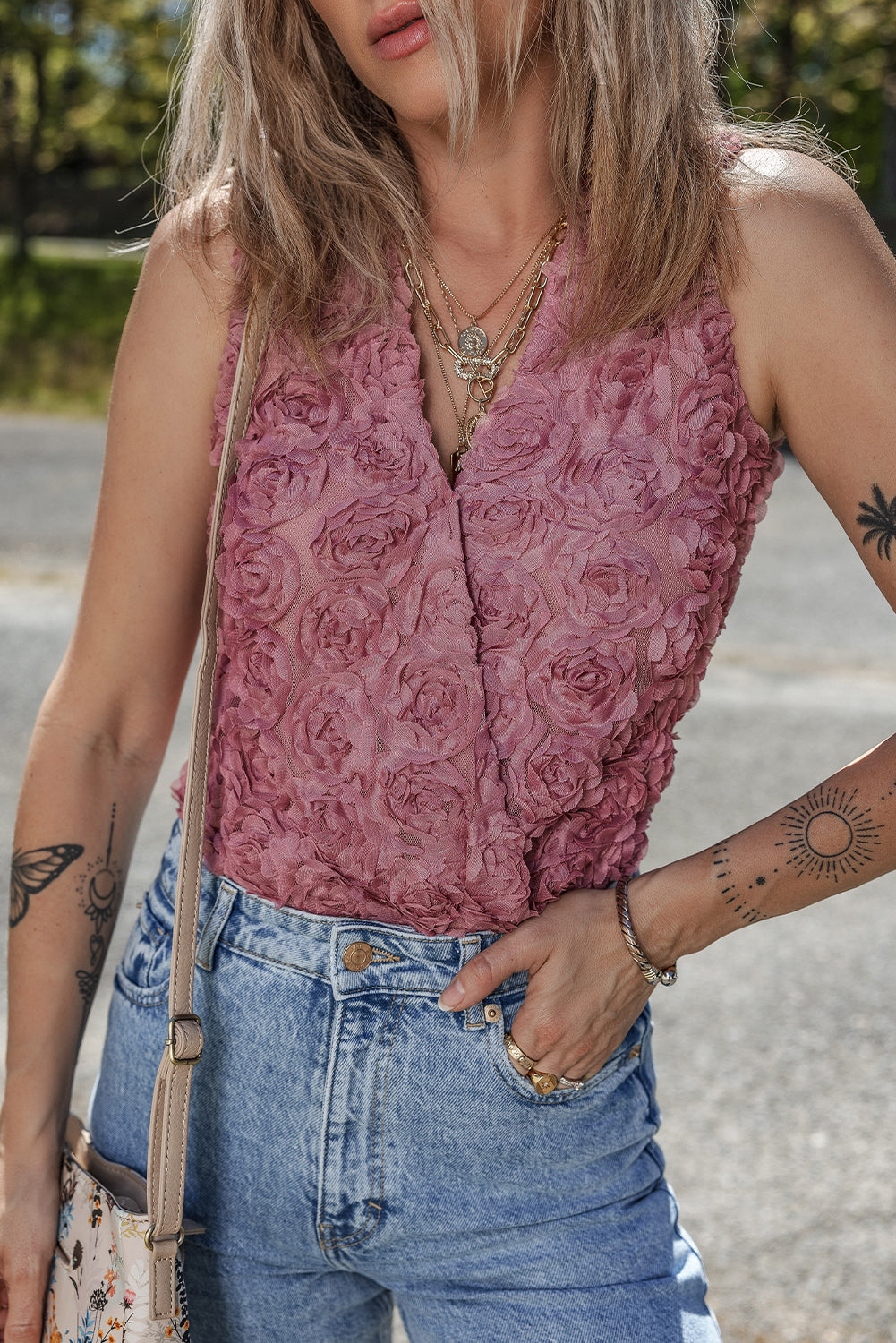 Heather Floral Textured V Neck Wrapped Sleeveless Women’s Bodysuit