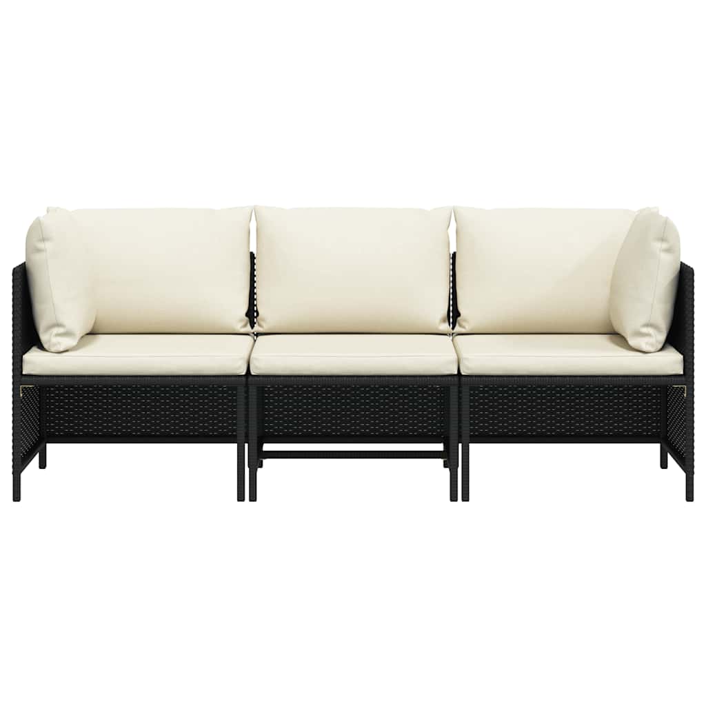 3-Seater Garden Sofa with Cushions Black Poly Rattan