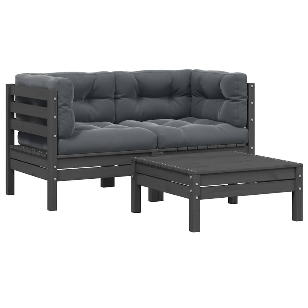 3 Piece Garden Lounge Set with Cushions Grey Solid Pinewood