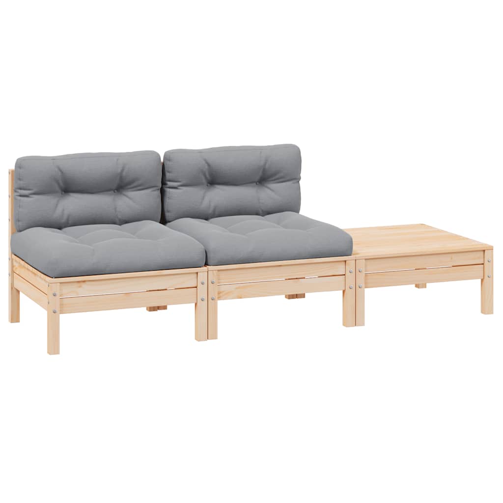 3 Piece Garden Lounge Set with Grey Cushions Solid Pinewood