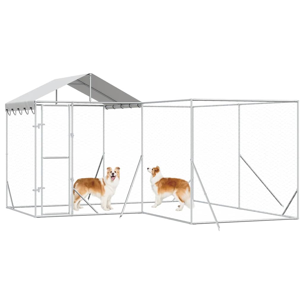 Outdoor Dog Kennel with Roof Silver 4x4x2.5 m Galvanised Steel