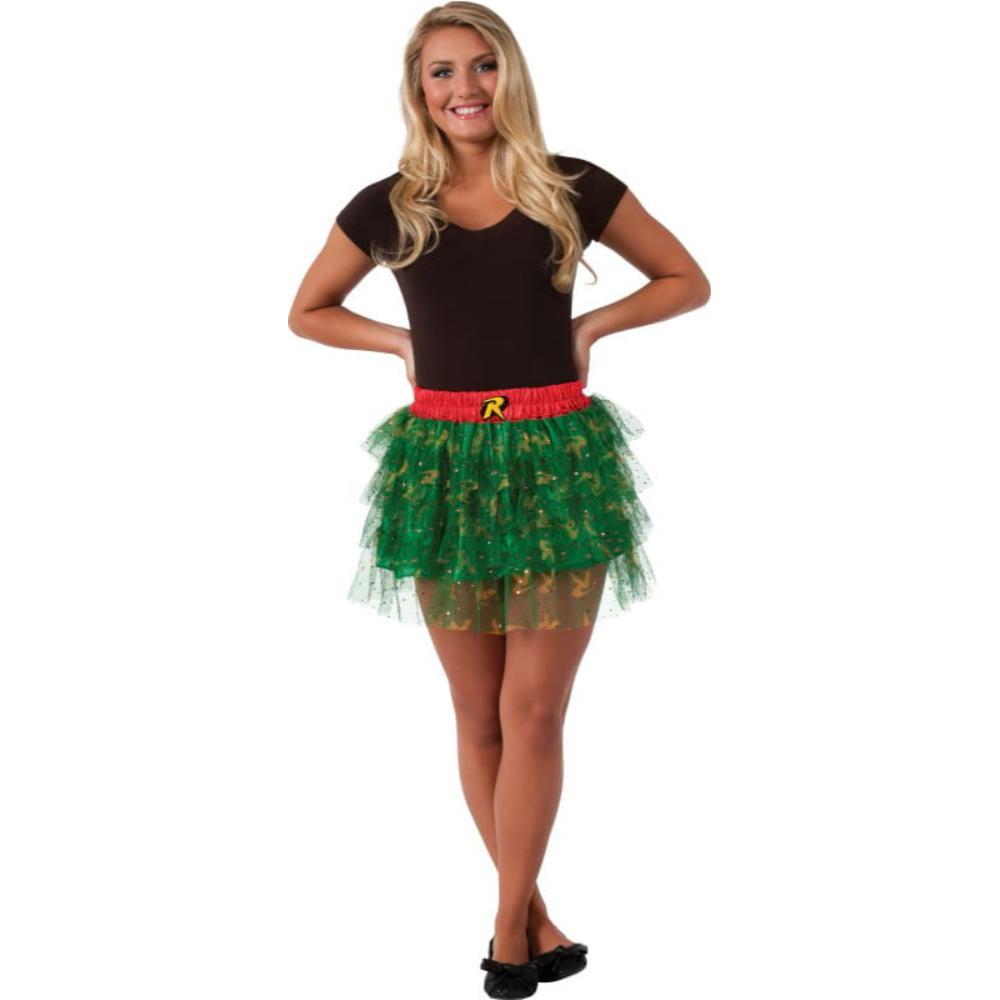 DC Comics Robin Girls Tutu Skirt with Glitter Tulle Layers and Logo Print - Red &amp; Green Colour