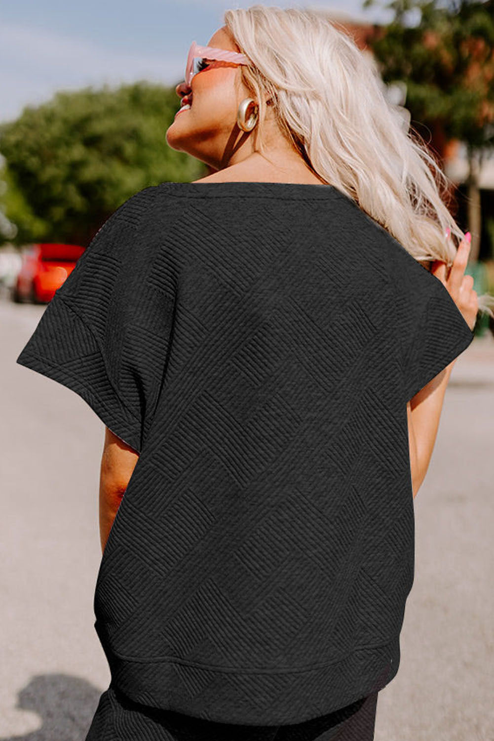 Women’s Gray Textured Loose Fit T Shirt and Drawstring Pants Set