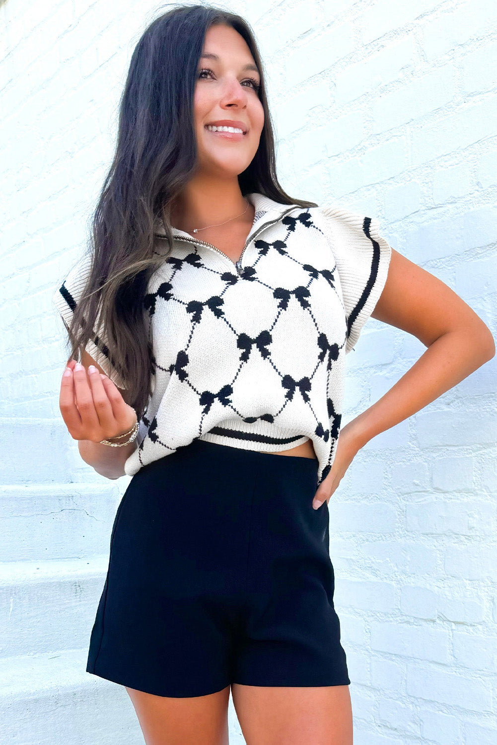 Preppy Bow Print Sweater Tee Zipped Collar Long Sleeve Casual Sweaters