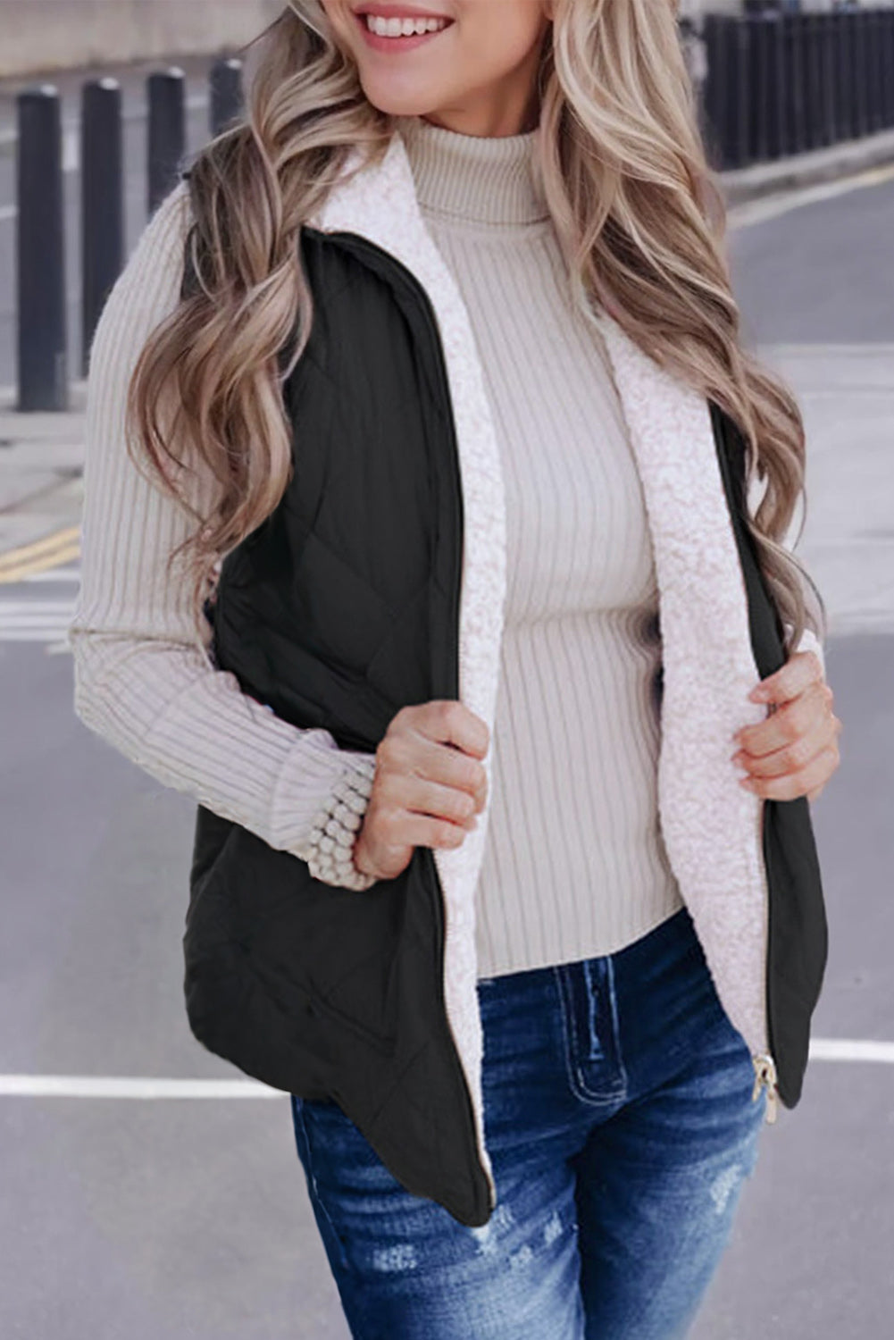 Pink Fleece Lined Quilted Vest Coat Women’s Winter Warm Outerwear