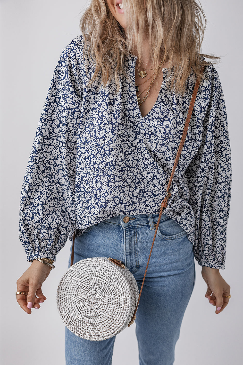 Blue Floral Print Notched V Neck Puff Sleeve Women’s Casual Top