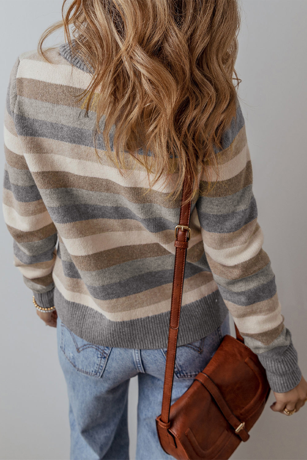 Gray Stripe Colour Block Ribbed Edge Round Neck Women’s Sweater