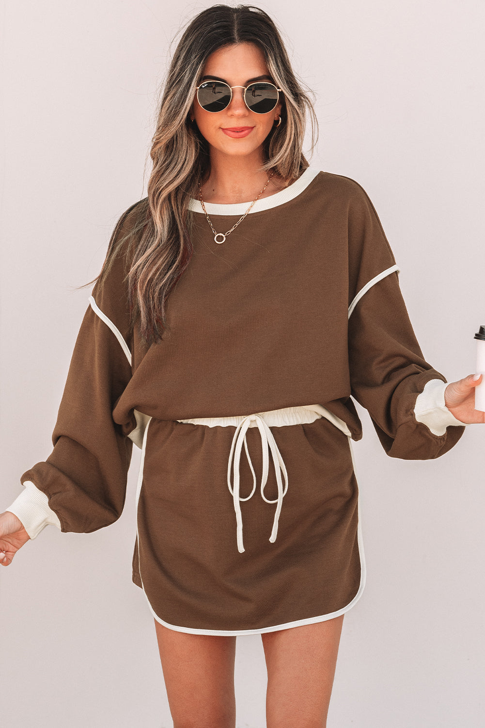 Women’s Evergreen Colour Contrast Loose Pullover with Lace-Up Waist Skort Set