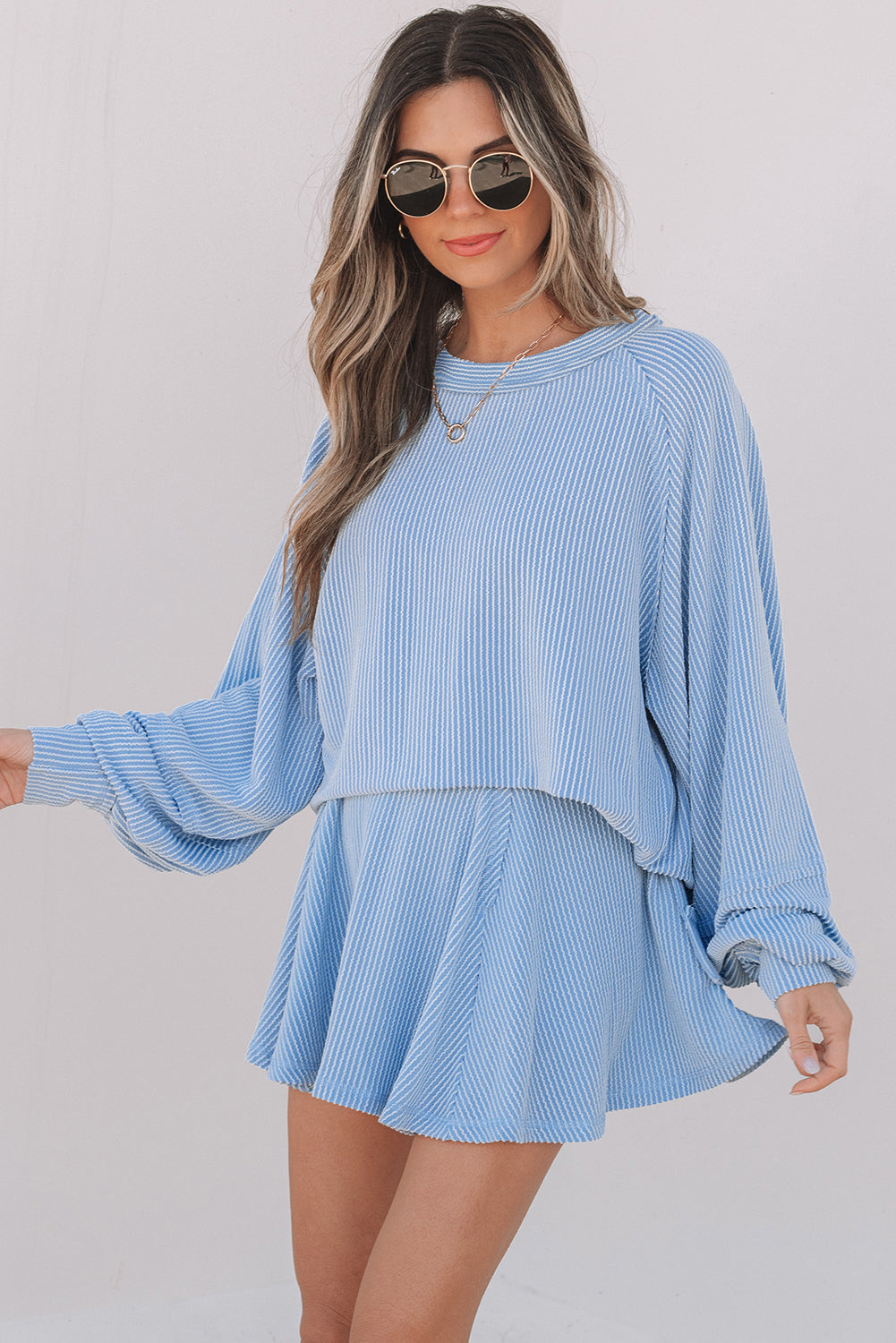 Sky Blue Lantern Sleeve Top & Ruffled Mini Skirt Set Summer Outfit for Women
