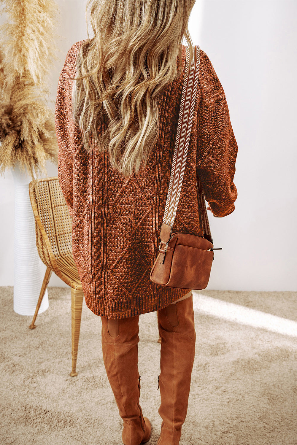Women’s Parchment Cable Knit Sweater Dress with Drop Shoulder and Loose Fit