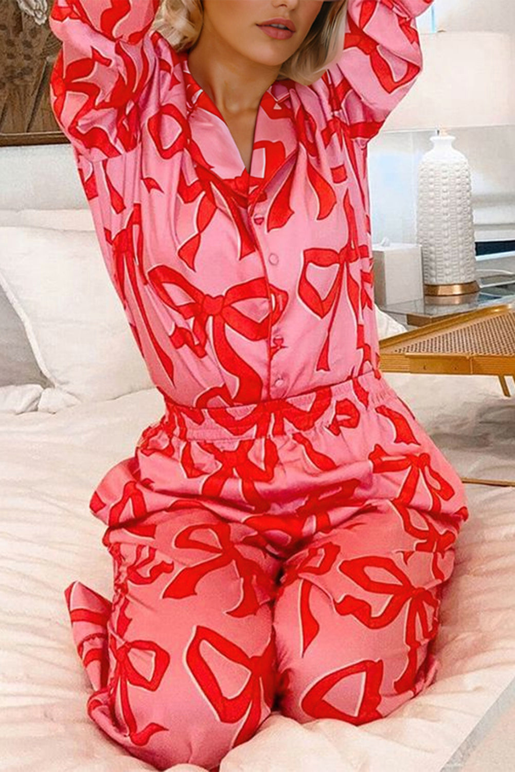 Pink 2 Piece Pajama Set Bow Print Shirt Style Long Sleeve Sleepwear