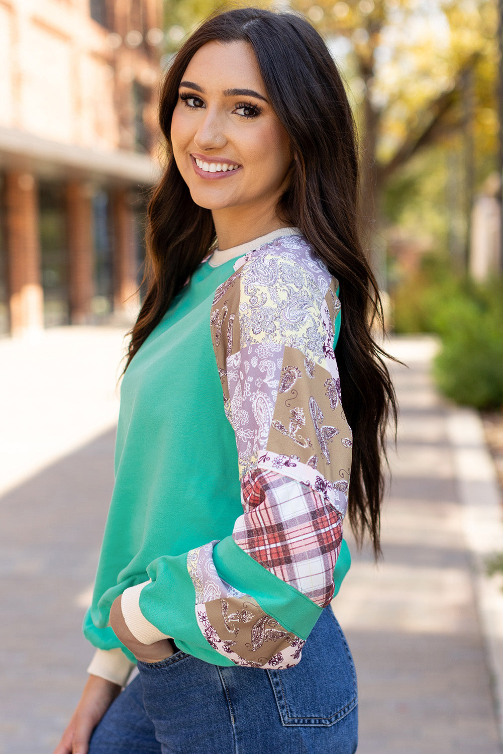 Women’s Aruba Blue Plaid Vintage Paisley Patchwork Long Sleeve Raglan Top