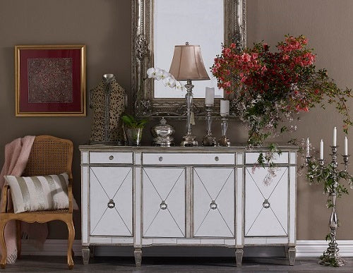 Mirrored Sideboard Antiqued Ribbed Silver Gold Leaf Hollywood Glam Buffet