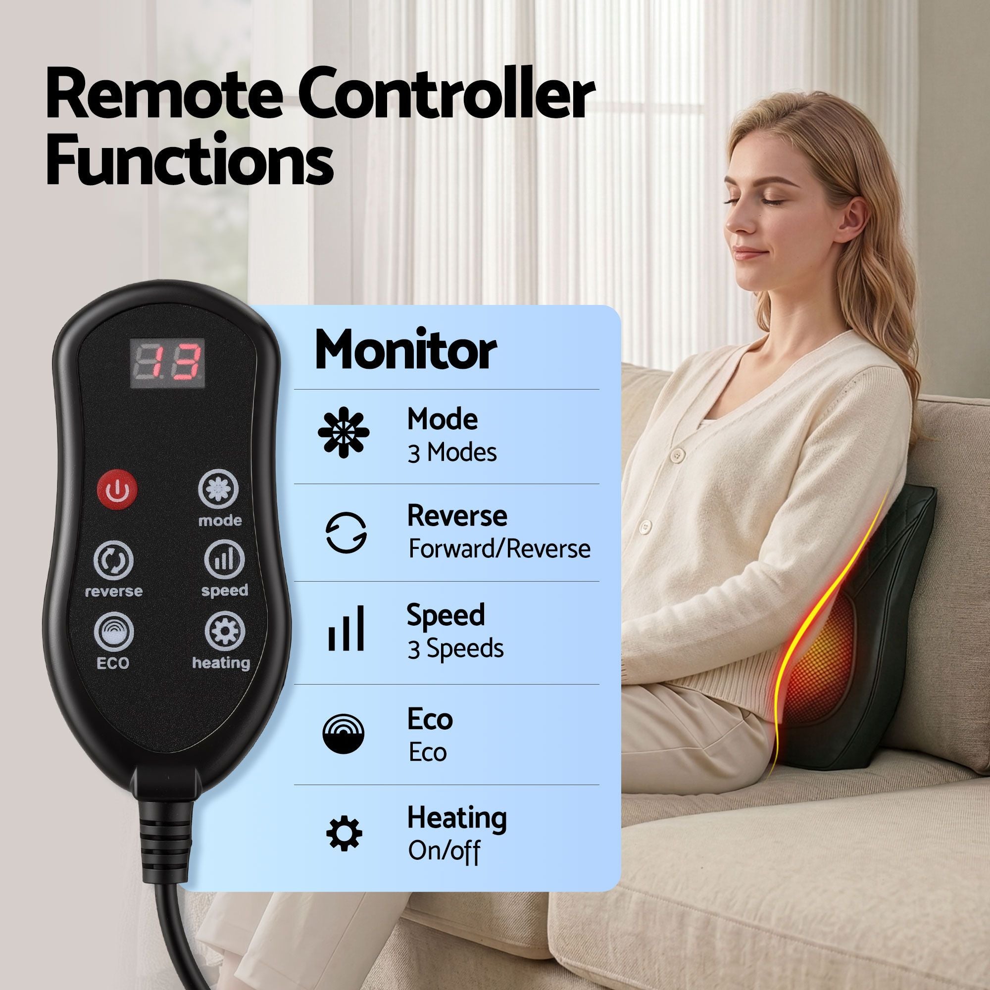 Livemor Back Massager with Heat and Traction, Neck and Shoulder Massage Pillow, Ergonomic Backrest for Office Chair & Sofa