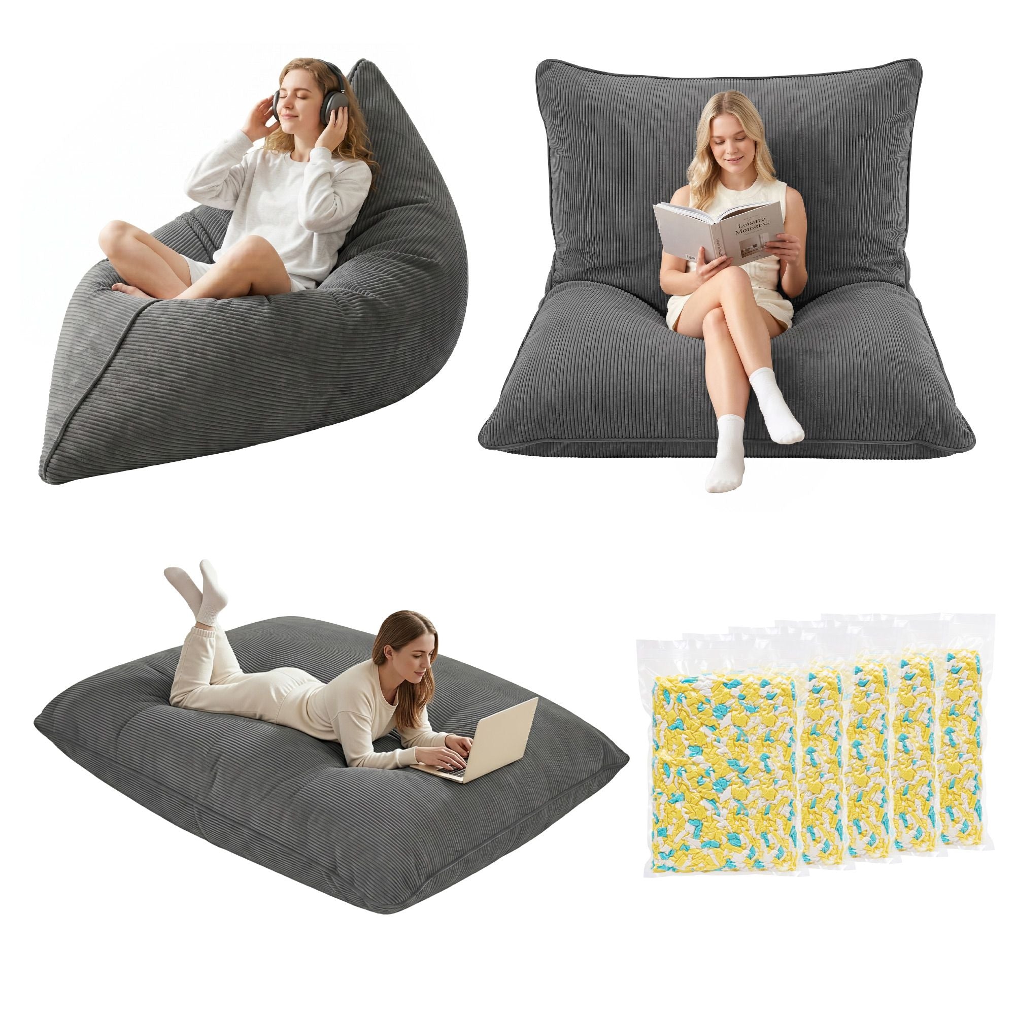 Artiss 3 in 1 Bean Bag Chair with Filler Convertible Bean Bag for Adults for Living Room Bedroom, Grey