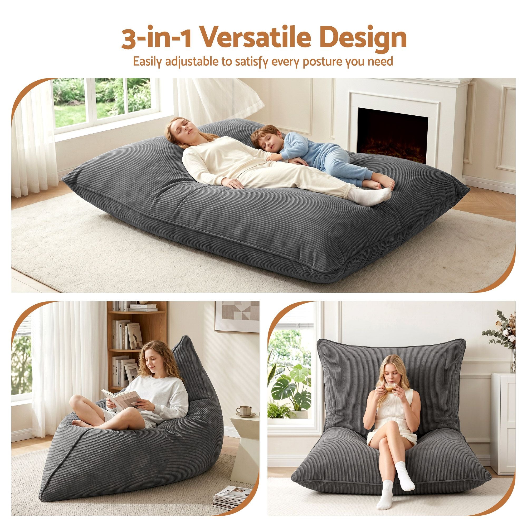 Artiss 3 in 1 Bean Bag Chair with Filler Convertible Bean Bag for Adults for Living Room Bedroom, Grey
