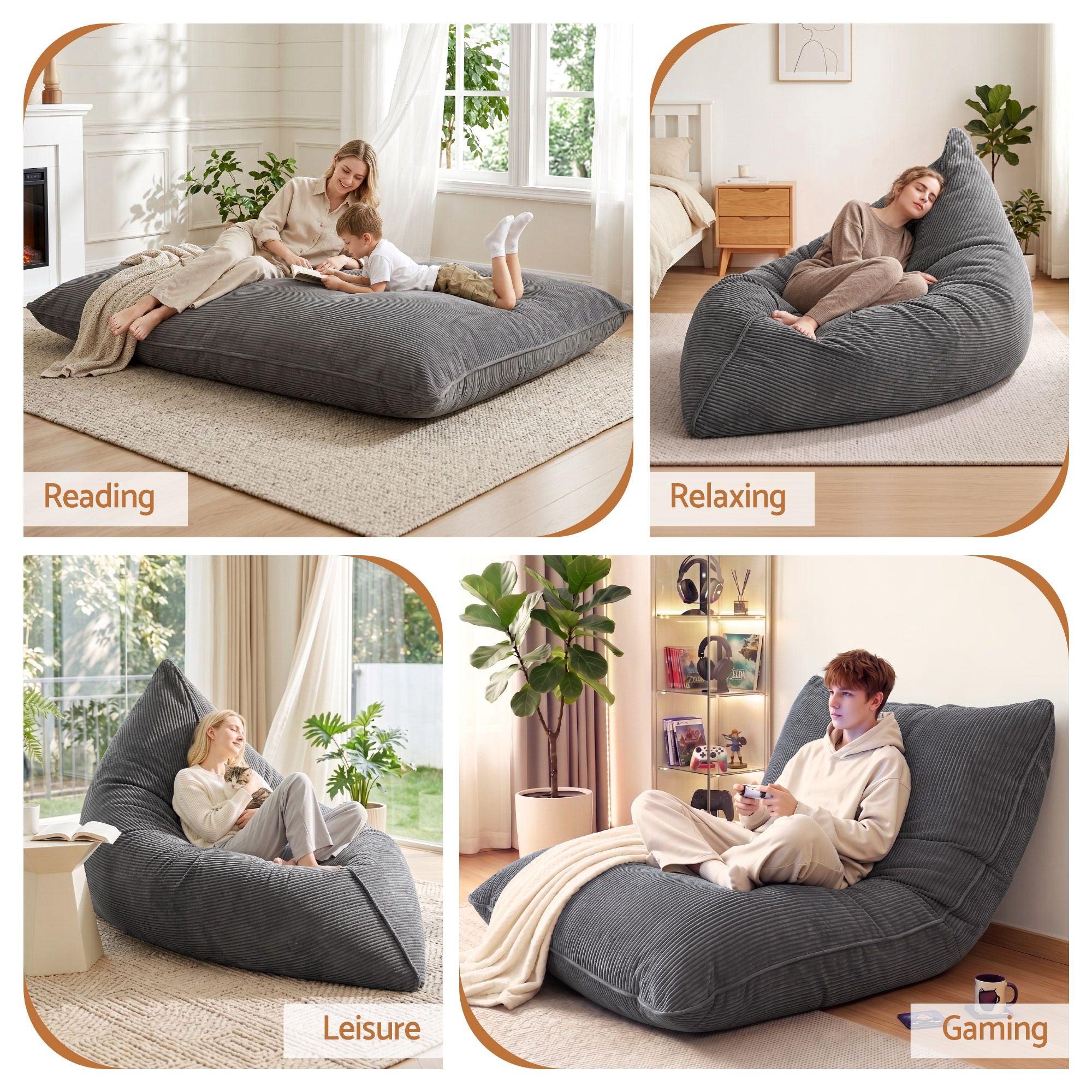 Artiss 3 in 1 Bean Bag Chair with Filler Convertible Bean Bag for Adults for Living Room Bedroom, Grey