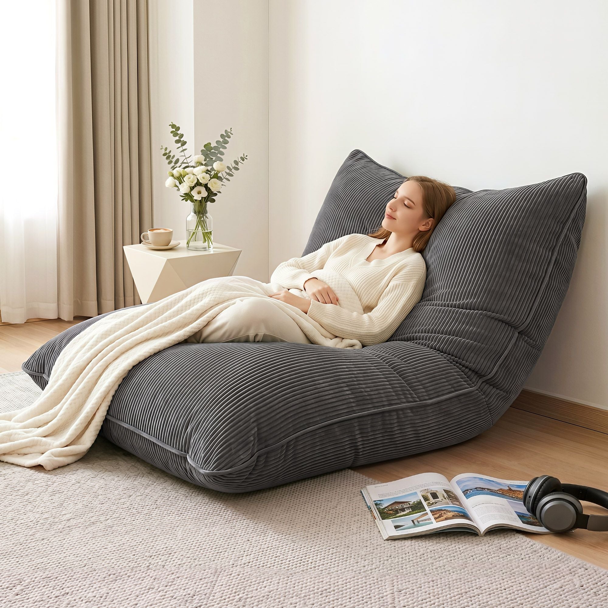 Artiss 3 in 1 Bean Bag Chair with Filler Convertible Bean Bag for Adults for Living Room Bedroom, Grey