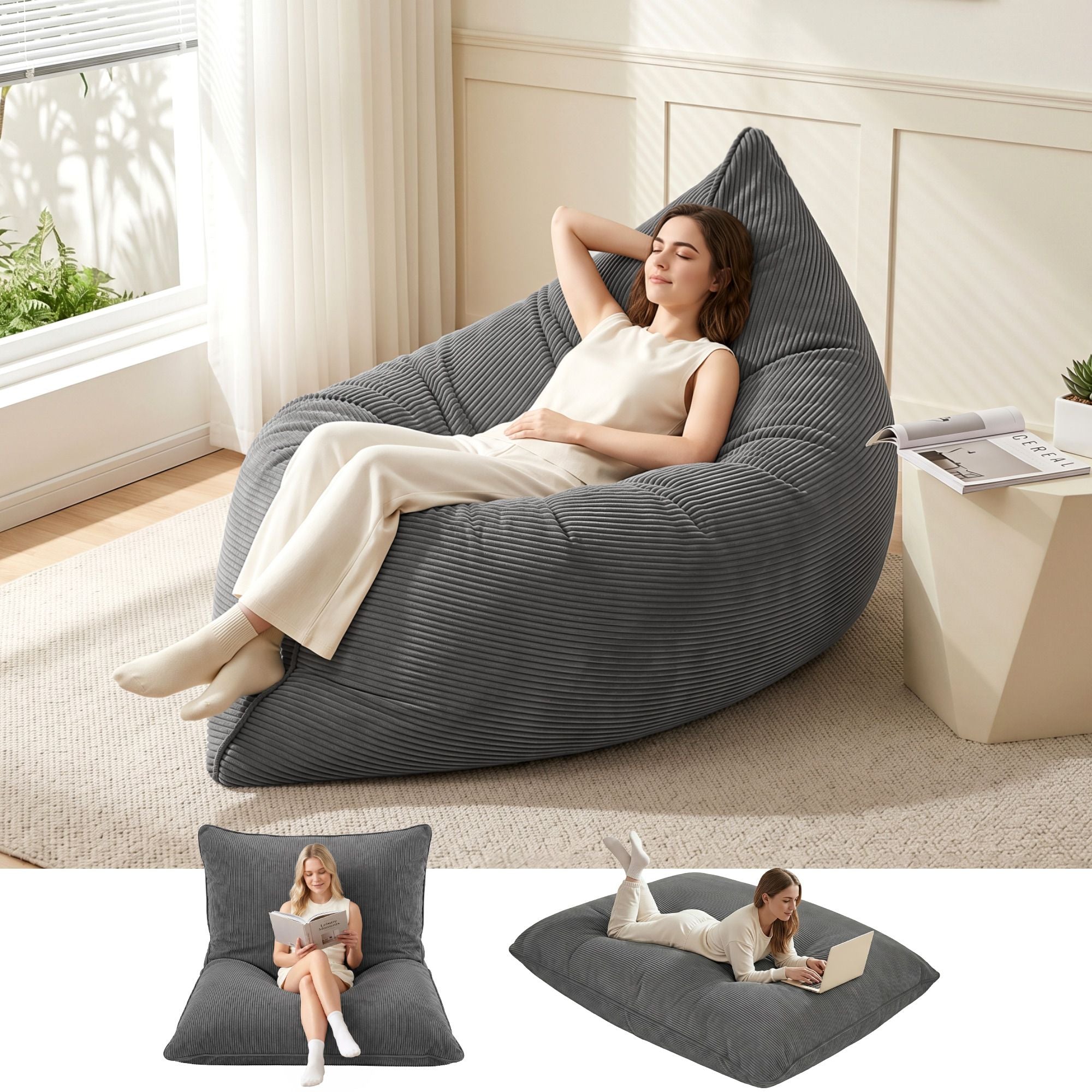 Artiss 3 in 1 Bean Bag Chair with Filler Convertible Bean Bag for Adults for Living Room Bedroom, Grey