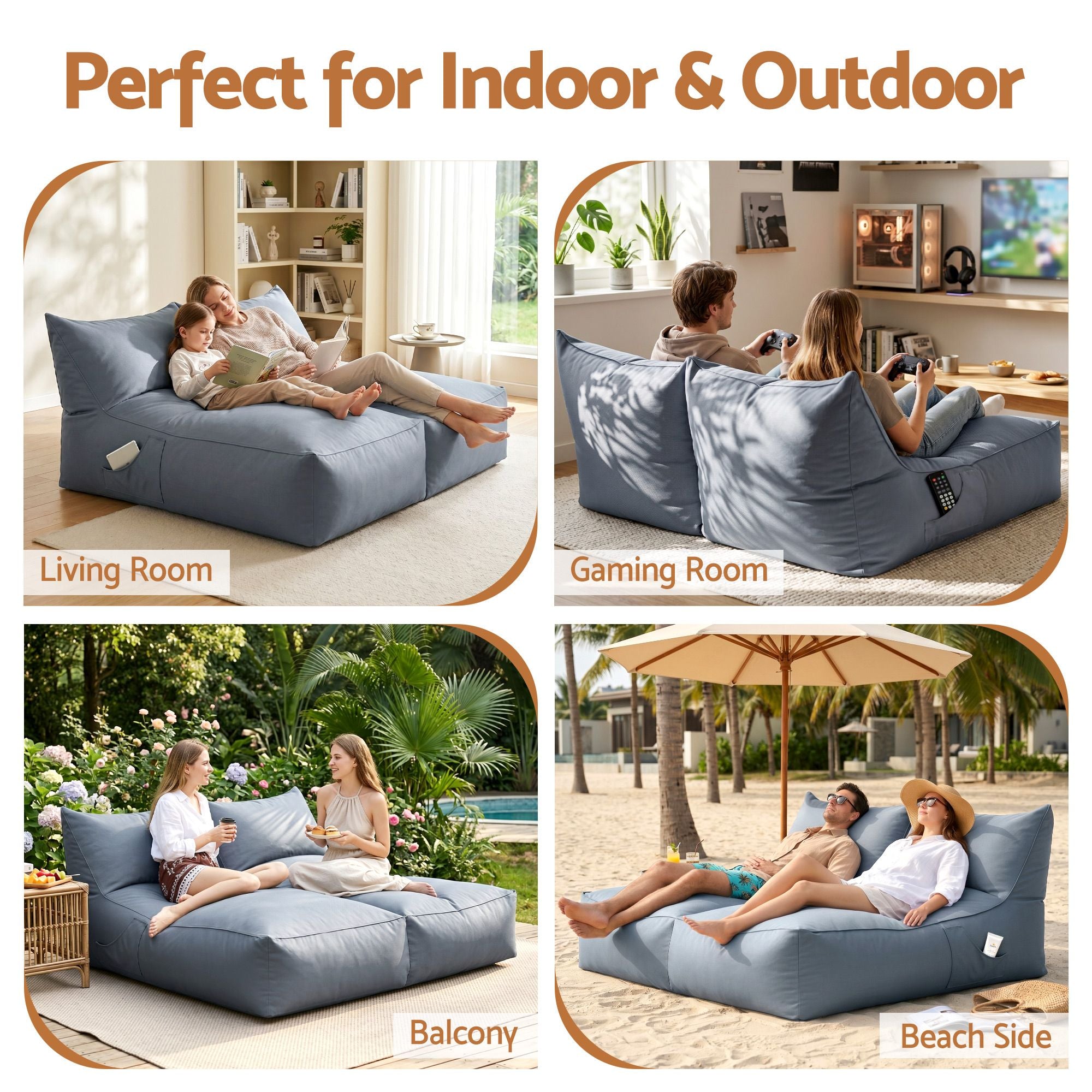 Artiss Outdoor Bean Bag Chair Cover (No Filler) 2 Seater Beanbag Lounge Sofacover Adults, Grey