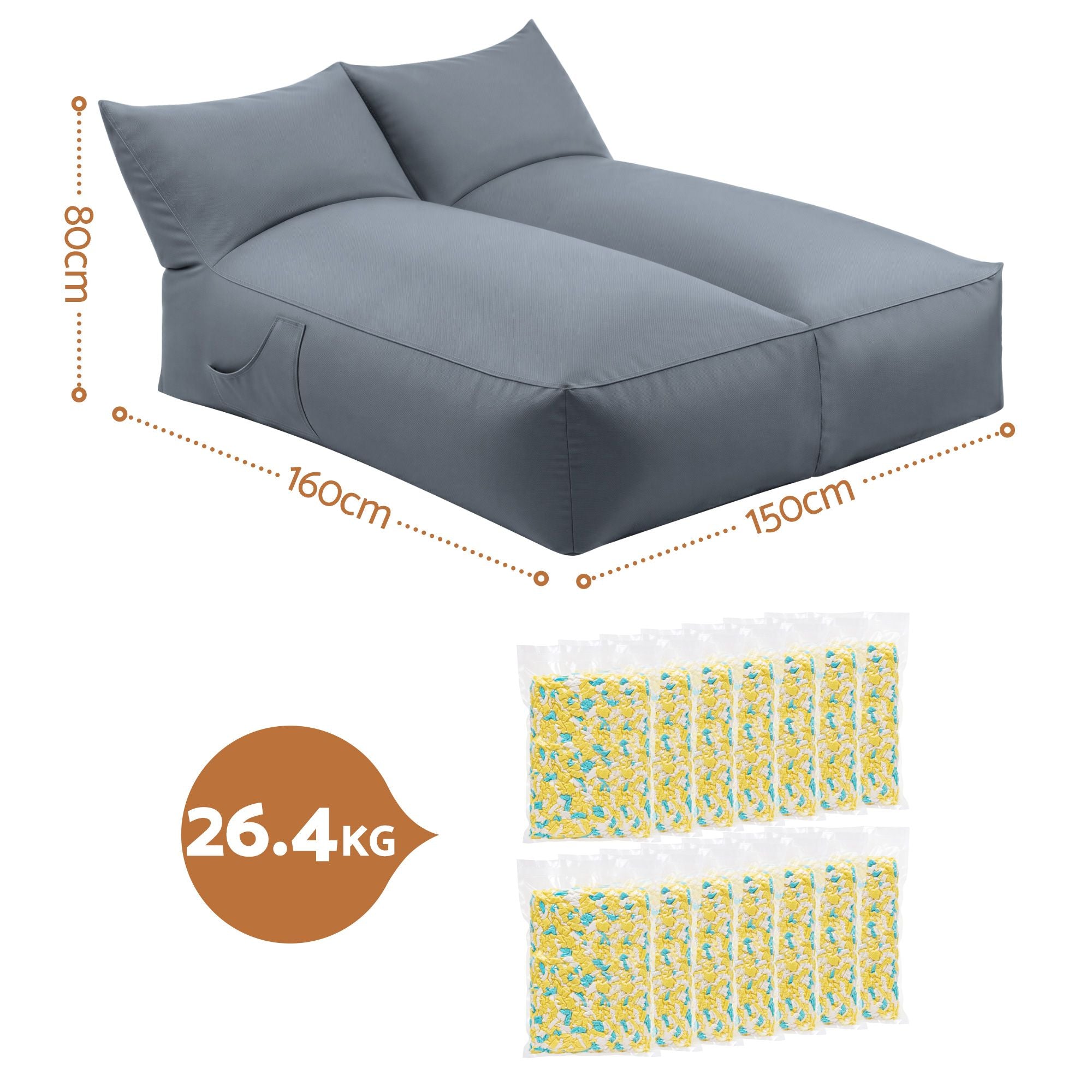 Artiss Outdoor Bean Bag Chair with Filler 2 Seater Beanbag Lounge Adults Splash-Proof Large Bean Bag Cover with Filling Grey