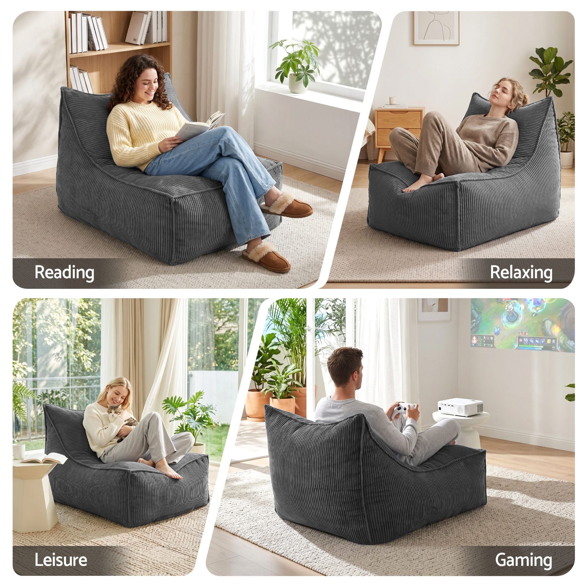 Artiss Bean Bag Chair Cover with Filler Soft Corduroy DIY Stuffed Animal Storage Bean Bag for Adults, Grey