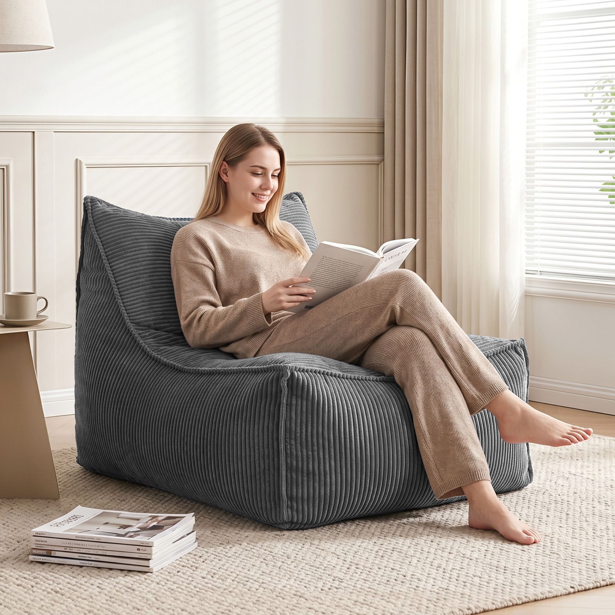 Artiss Bean Bag Chair Cover with Filler Soft Corduroy DIY Stuffed Animal Storage Bean Bag for Adults, Grey