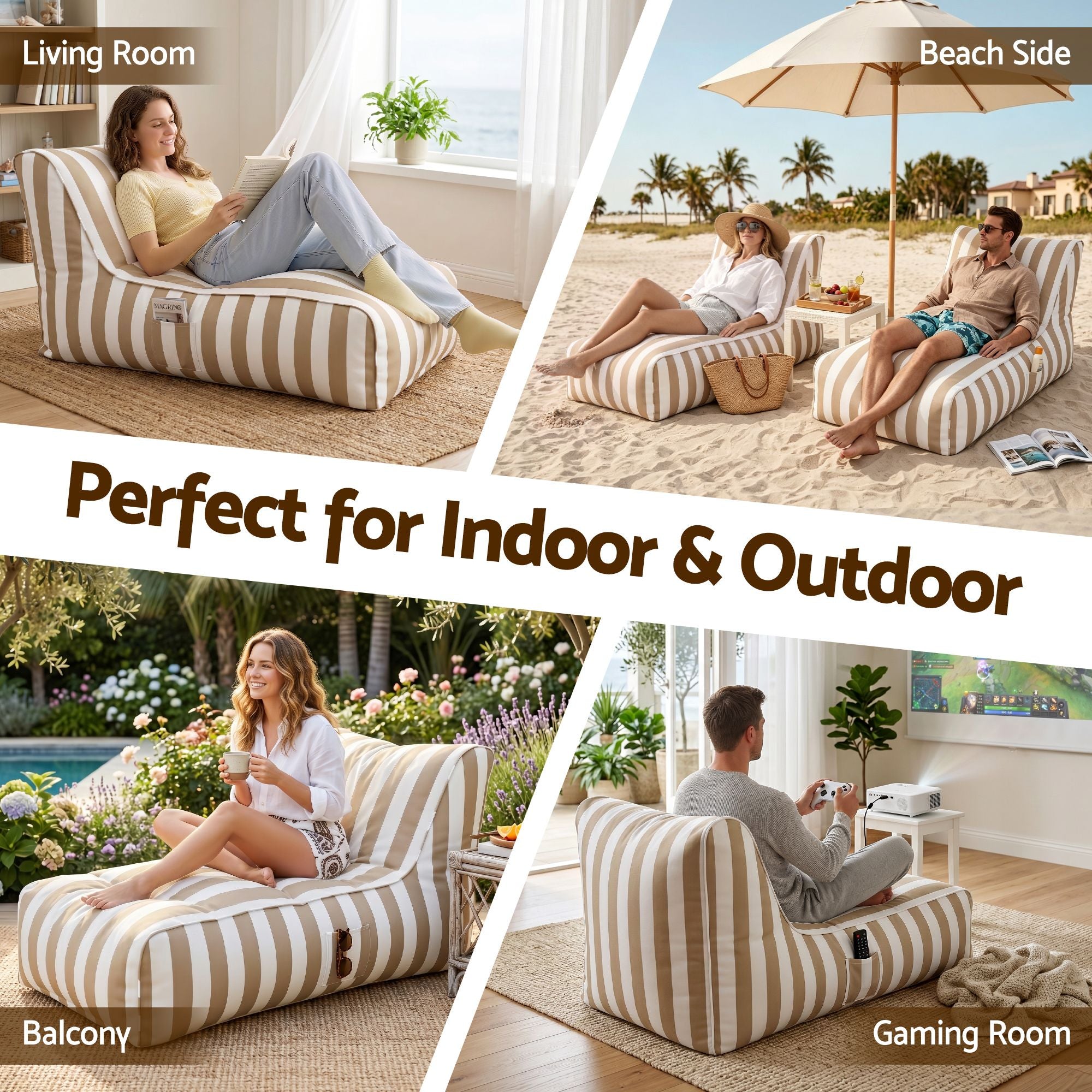 Artiss Outdoor Bean Bag Chair with Filler Splash-Proof Beanbag Lounge DIY Stuffed Animal Storage Bean Bag Washable, Taupe