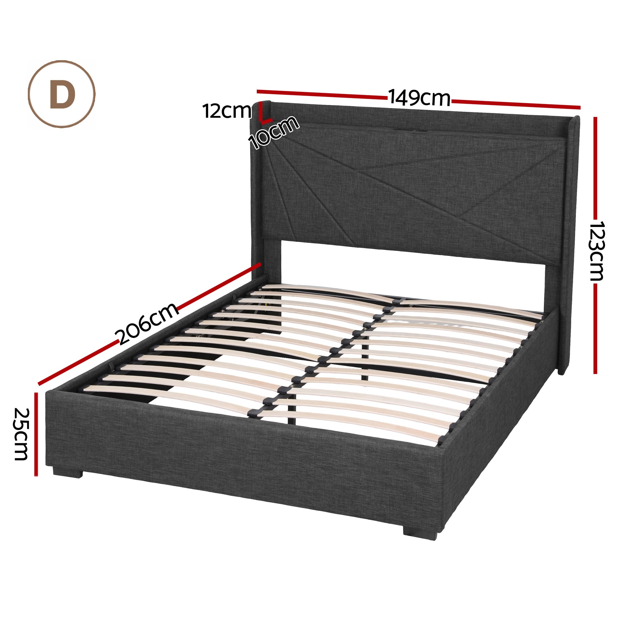Artiss Double Bed Frame Gas Lift Storage Bed with Charging Ports Upholstered Headboard Charcoal Grey
