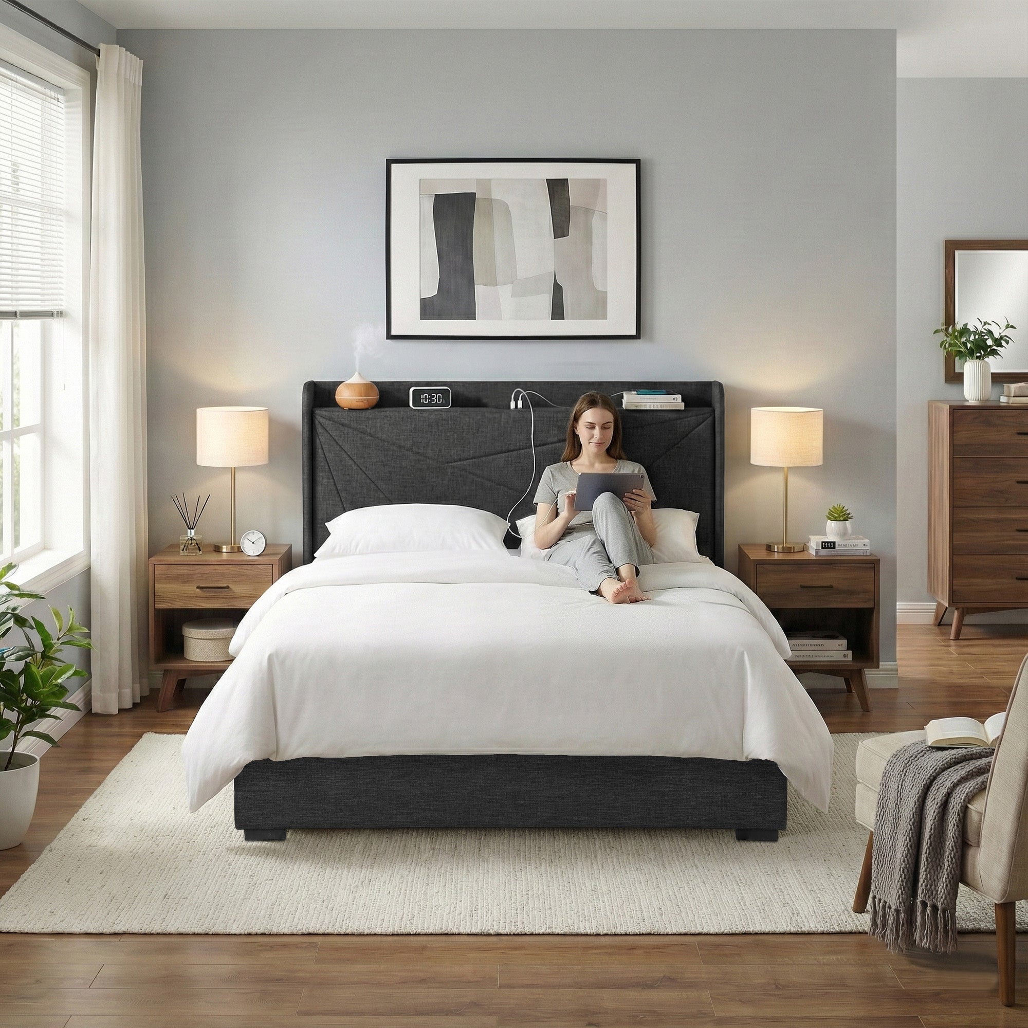 Artiss Double Bed Frame Gas Lift Storage Bed with Charging Ports Upholstered Headboard Charcoal Grey