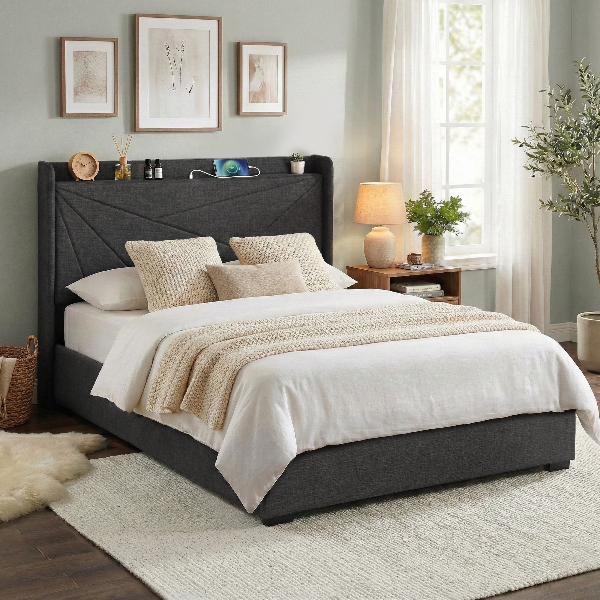 Artiss Double Bed Frame Gas Lift Storage Bed with Charging Ports Upholstered Headboard Charcoal Grey
