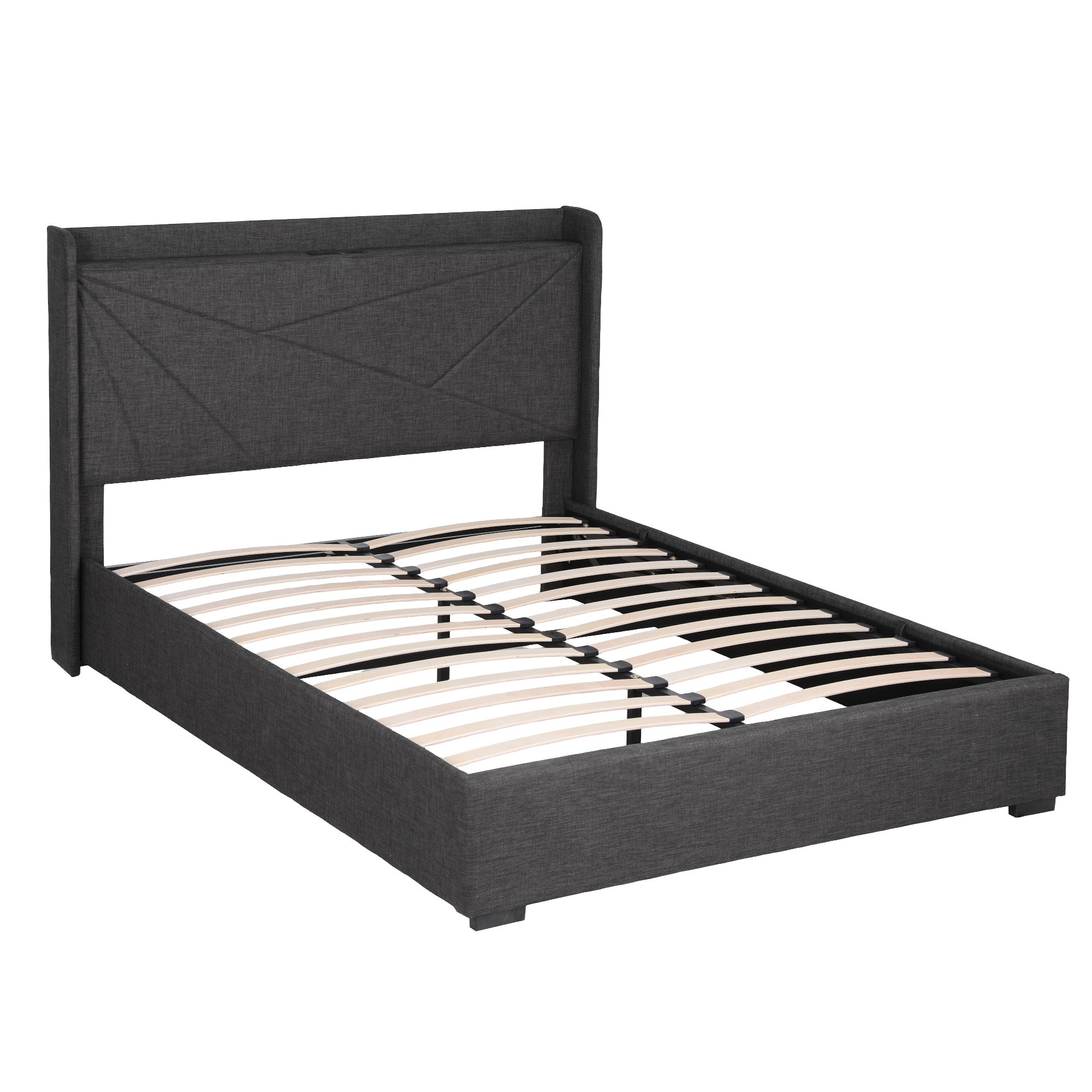 Artiss Queen Bed Frame Gas Lift Storage Bed with Charging Ports Upholstered Headboard Charcoal Grey