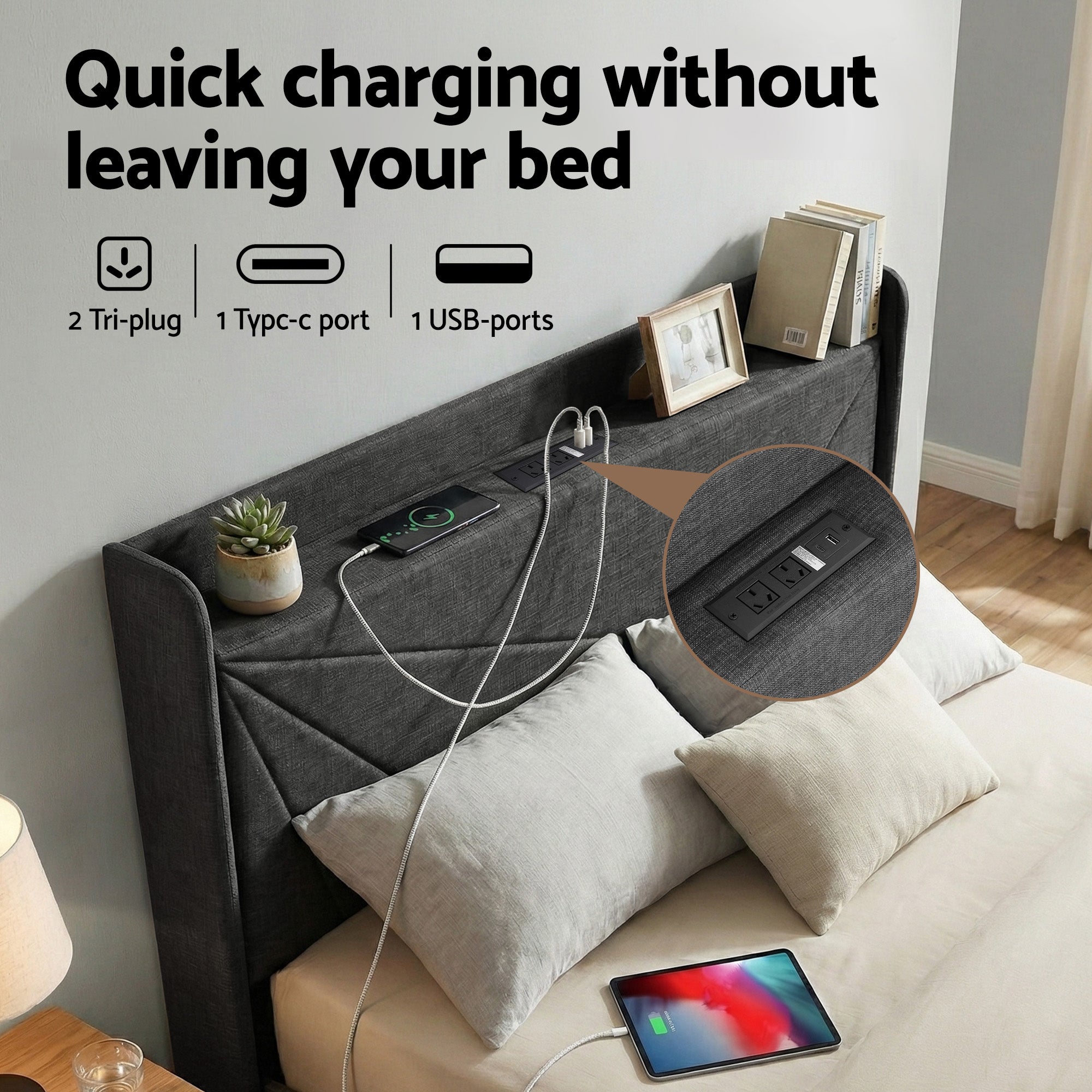 Artiss Queen Bed Frame Gas Lift Storage Bed with Charging Ports Upholstered Headboard Charcoal Grey