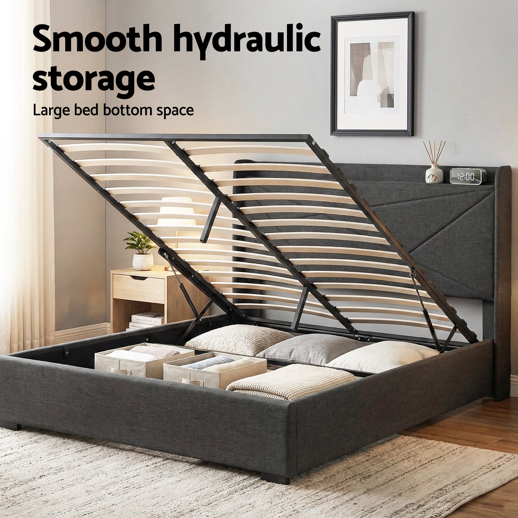 Artiss Queen Bed Frame Gas Lift Storage Bed with Charging Ports Upholstered Headboard Charcoal Grey