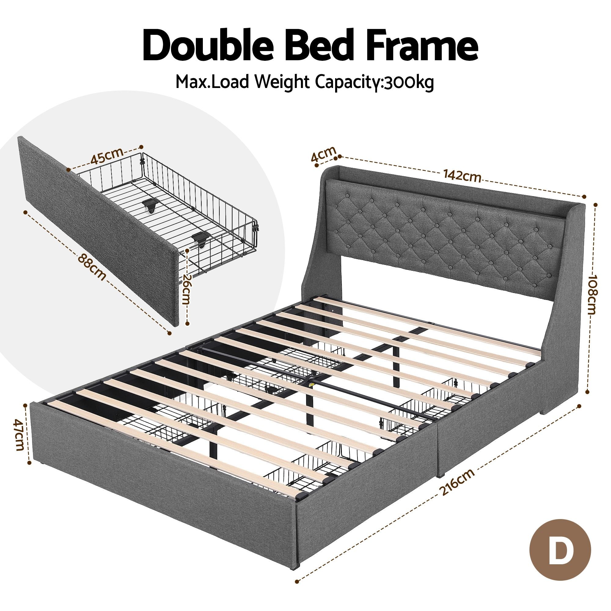 Artiss Double Bed Frame with 4 Storage Drawers, Tufted Headboard & Charging Station