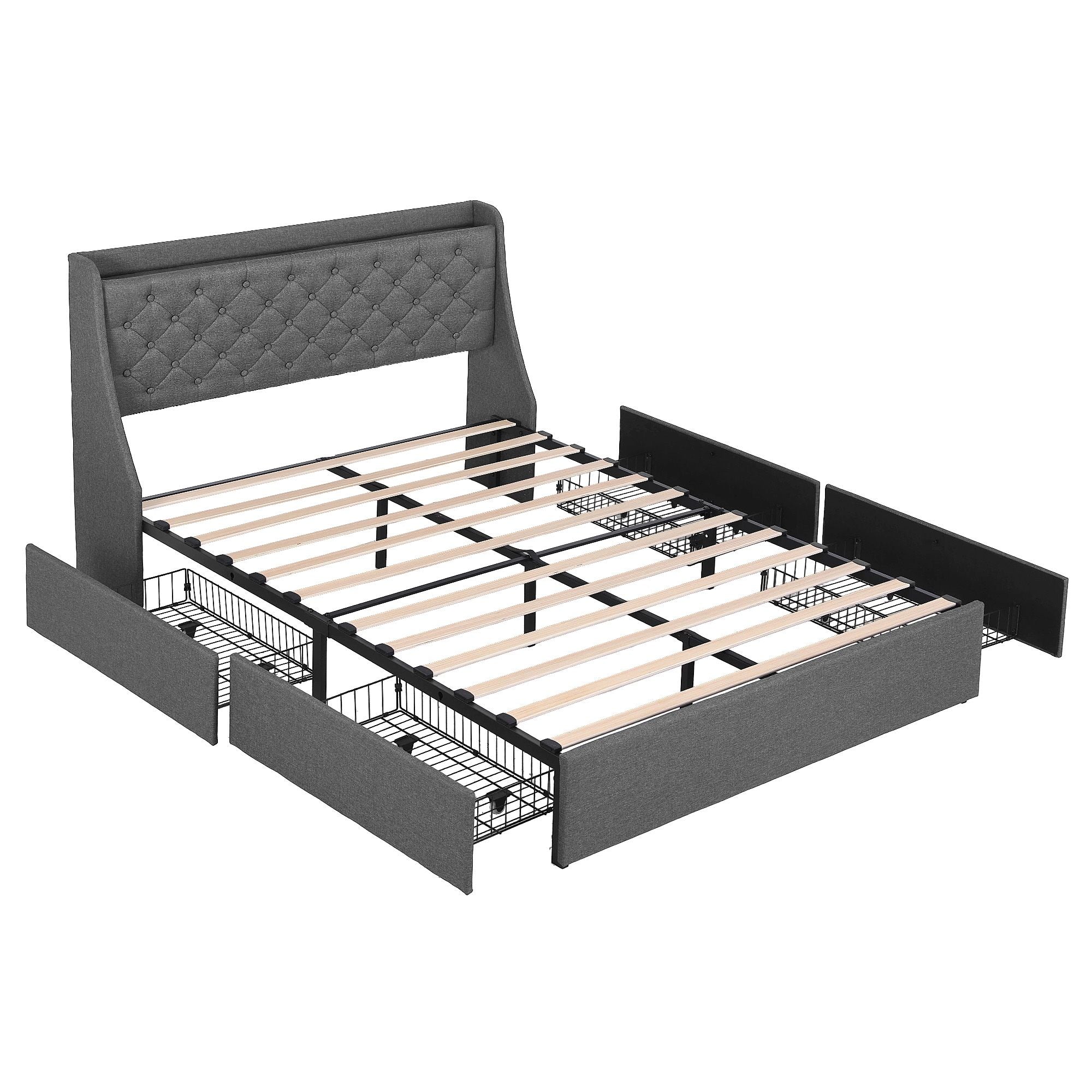 Artiss Double Bed Frame with 4 Storage Drawers, Tufted Headboard & Charging Station