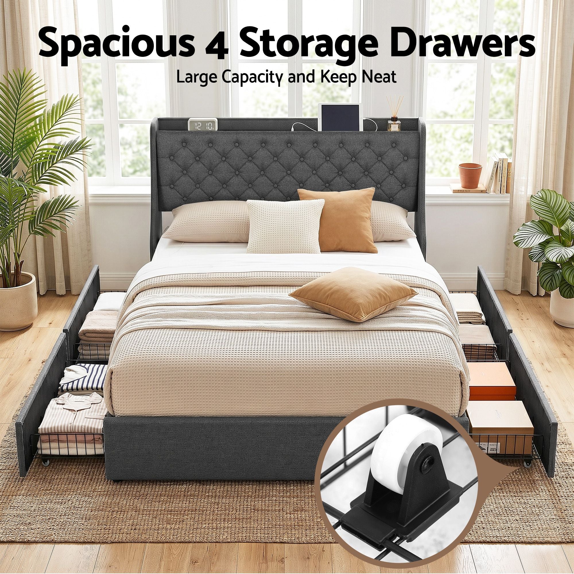 Artiss Queen Bed Frame with 4 Storage Drawers, Tufted Headboard & Charging Station