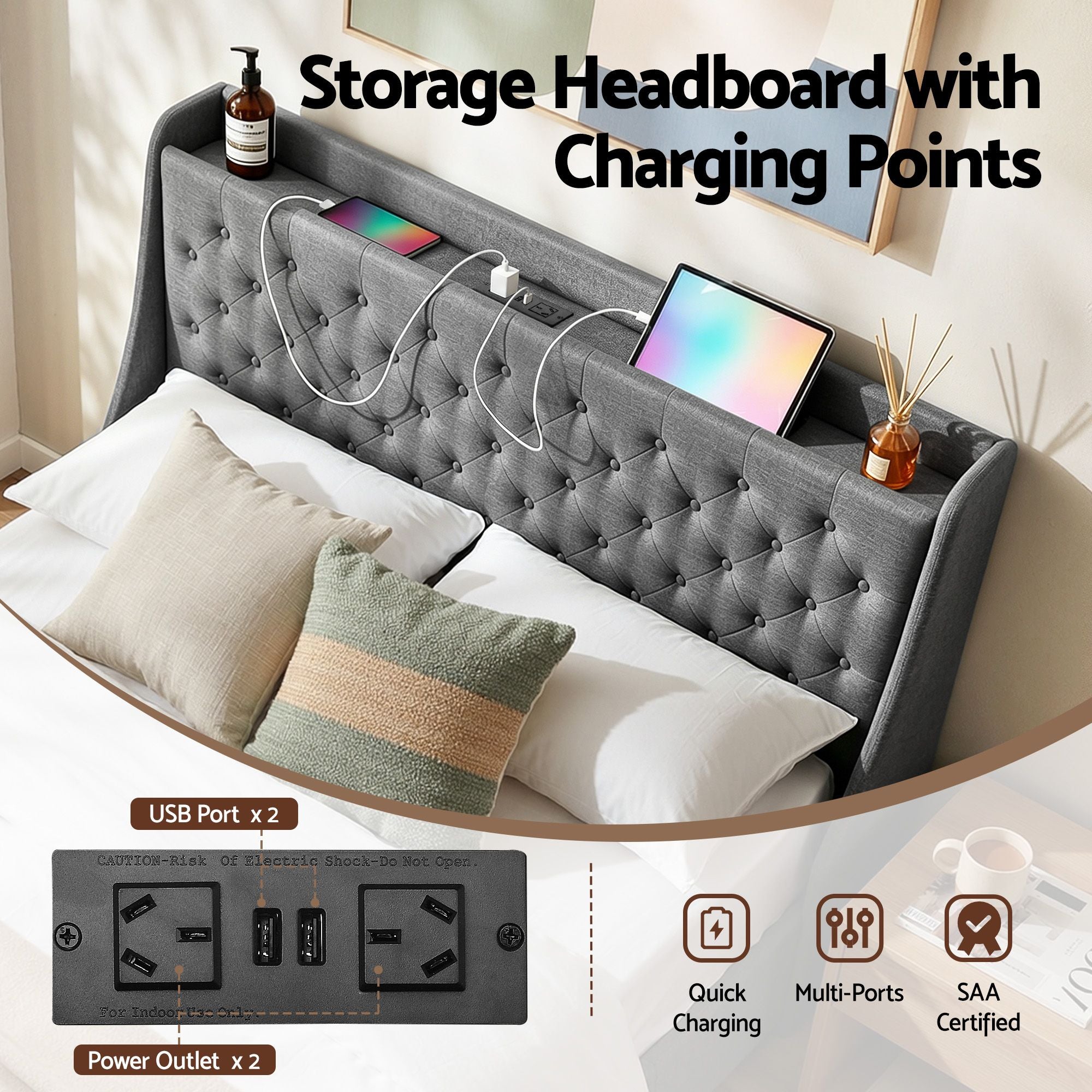 Artiss Queen Bed Frame with 4 Storage Drawers, Tufted Headboard & Charging Station