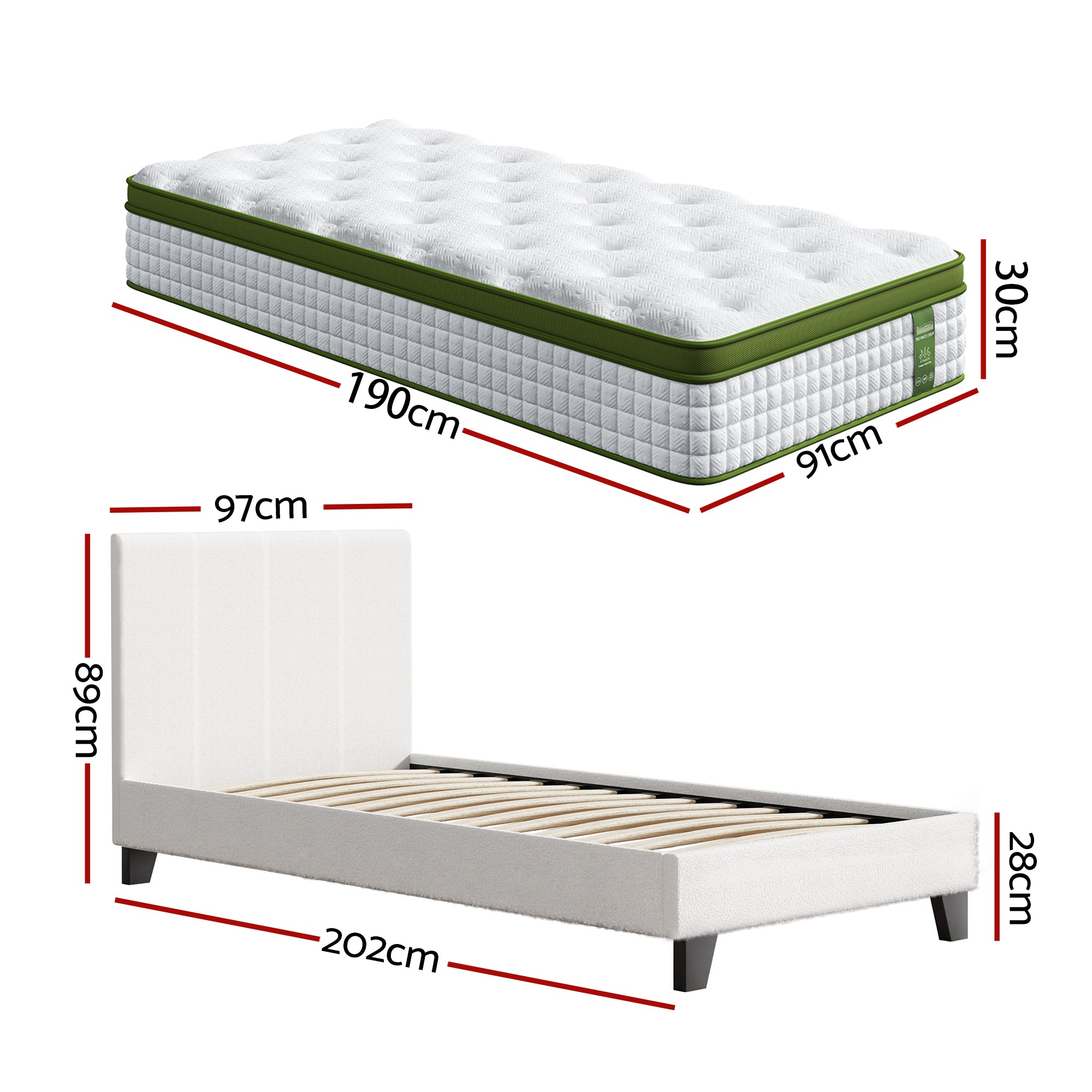 Artiss Single Bed Frame with Hybrid Mattress Set 30cm Medium Firm Platform Headboard