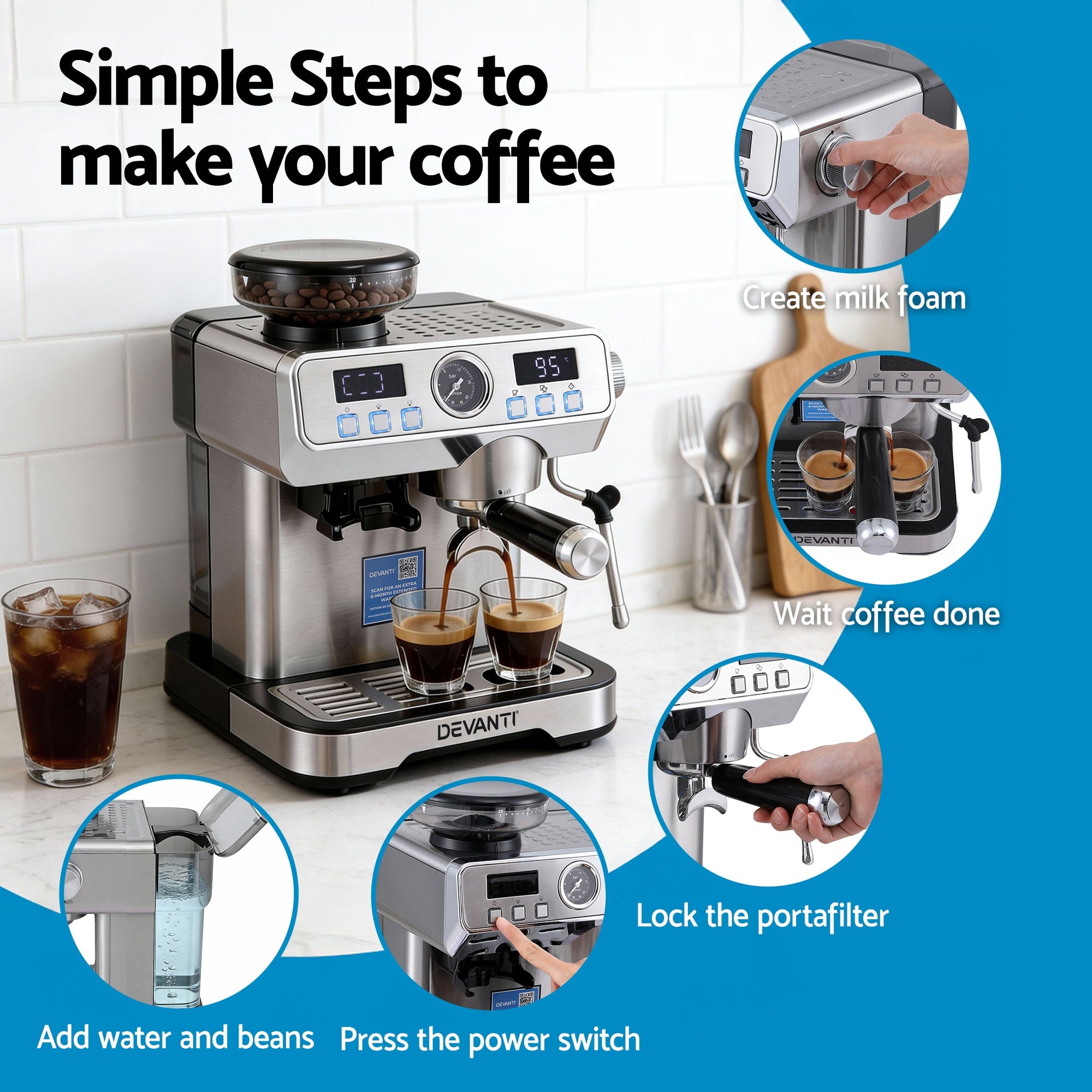 Devanti Coffee Machine Espresso Latte Maker with Grinder Milk Frother Steam Wand