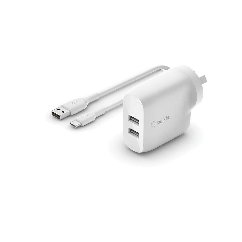 Belkin 24W Dual Wall Charger and USB-A to USB-C CableUniversally compatible - White