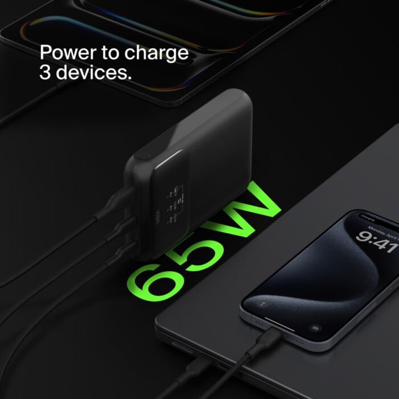 Belkin BoostCharge 65W Pro 3-Port Laptop Power Bank 20K - Black