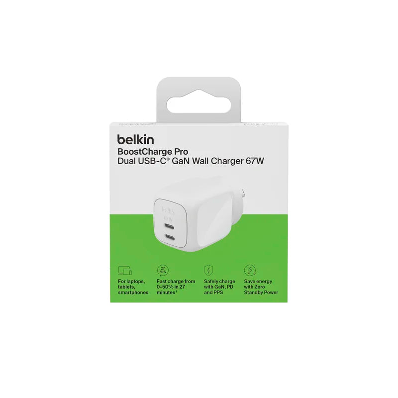 Belkin BoostCharge 67W GaN Wall Charger With Dual port USB-C Output - White