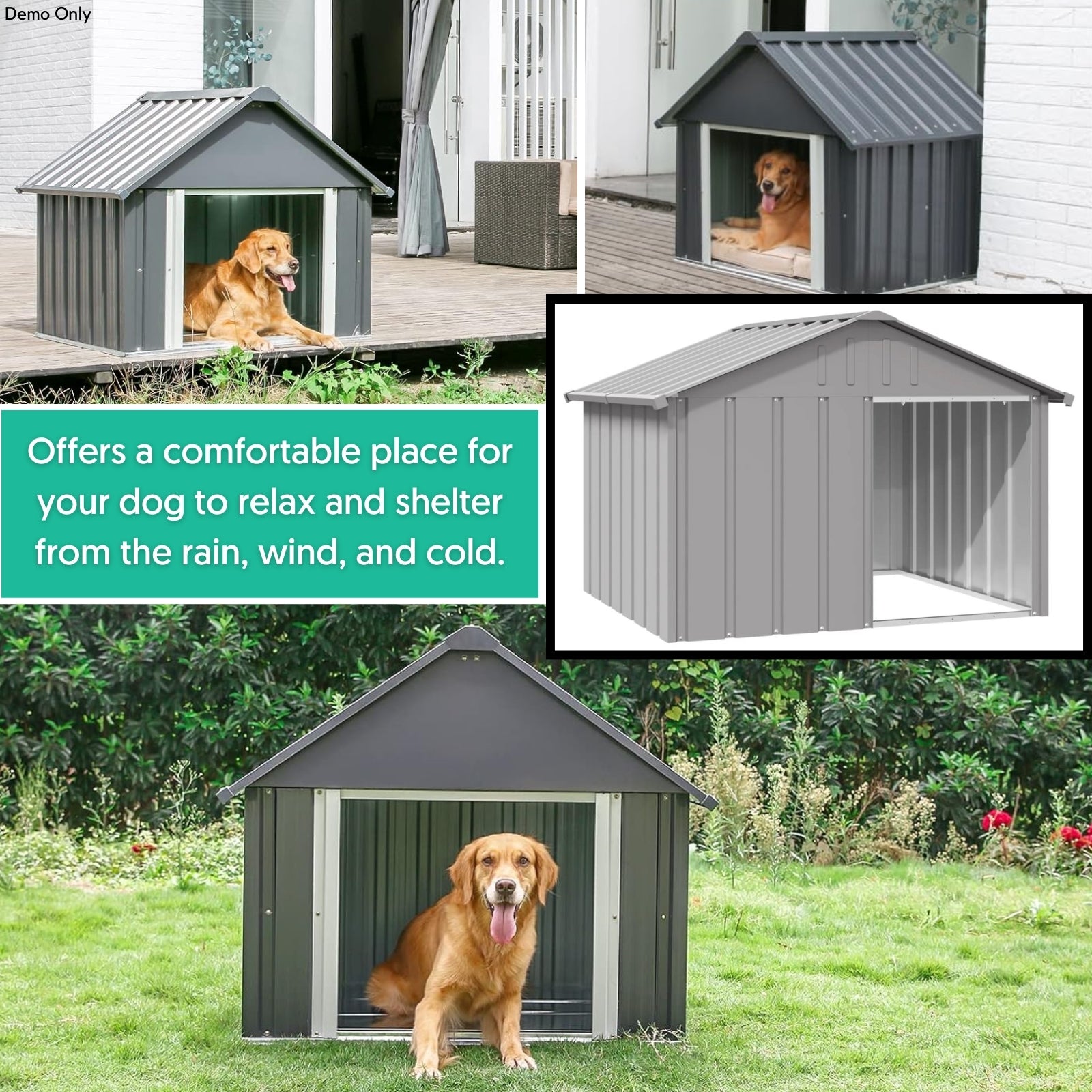 Dog House Galvanised Steel Outdoor Pet Shelter Kennel Animal Home Grey