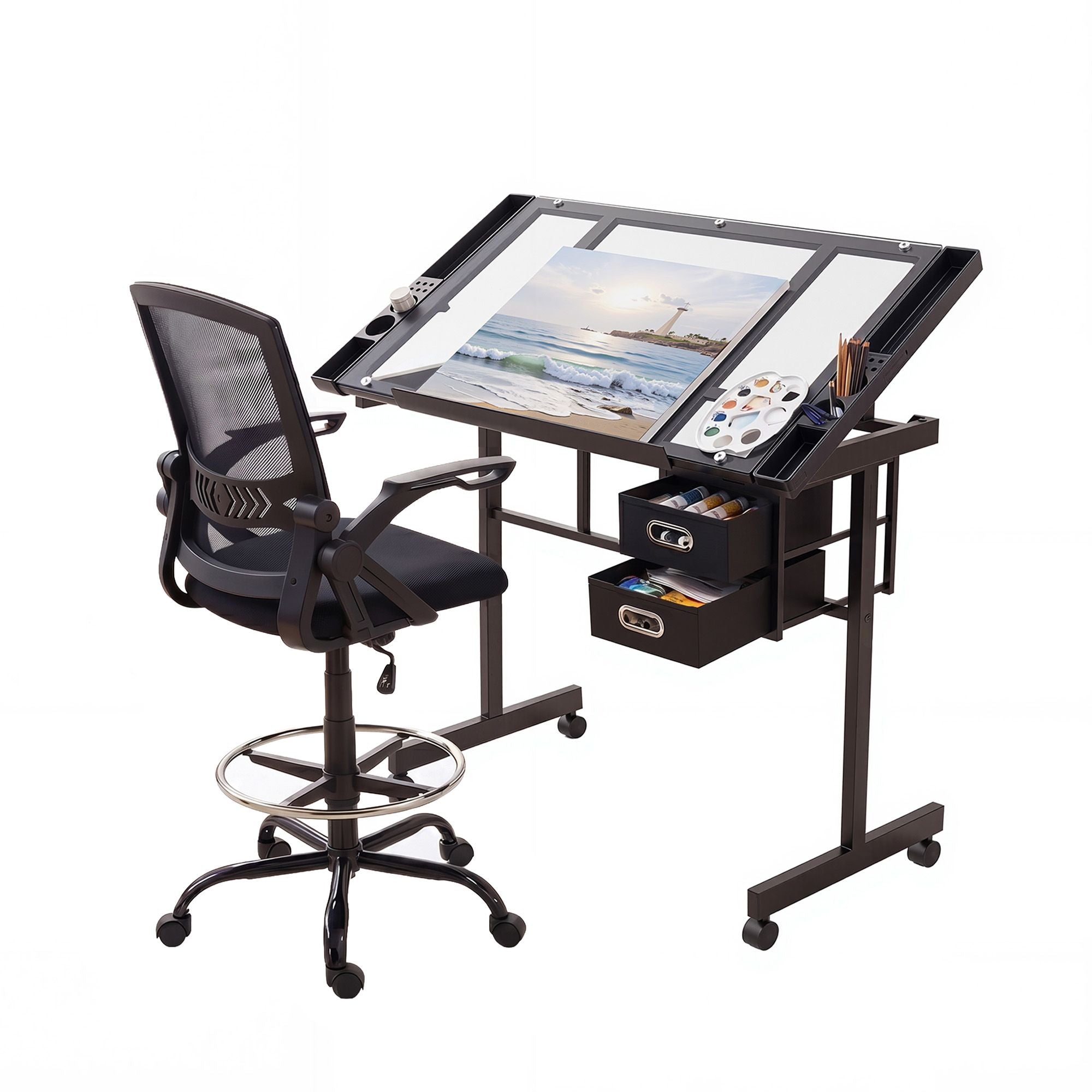 Artiss Drawing Table with Ergonomic Office Chair, Drafting Tables with Tempered Glass Desktop, Removable Drawers, Drafting Stool with Height Adjustable